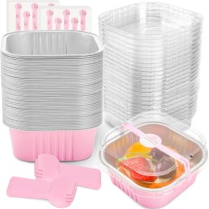 NPLUX Disposable Aluminum Baking Pans with Lids 10 OZ Pink-0