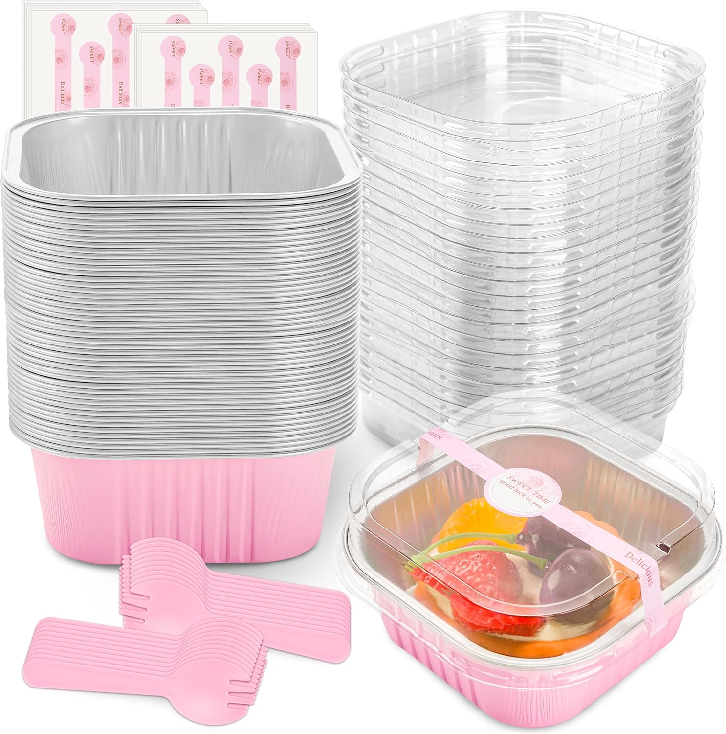 Installing NPLUX Disposable Aluminum Baking Pans with Lids 10 OZ Pink on a wooden desk