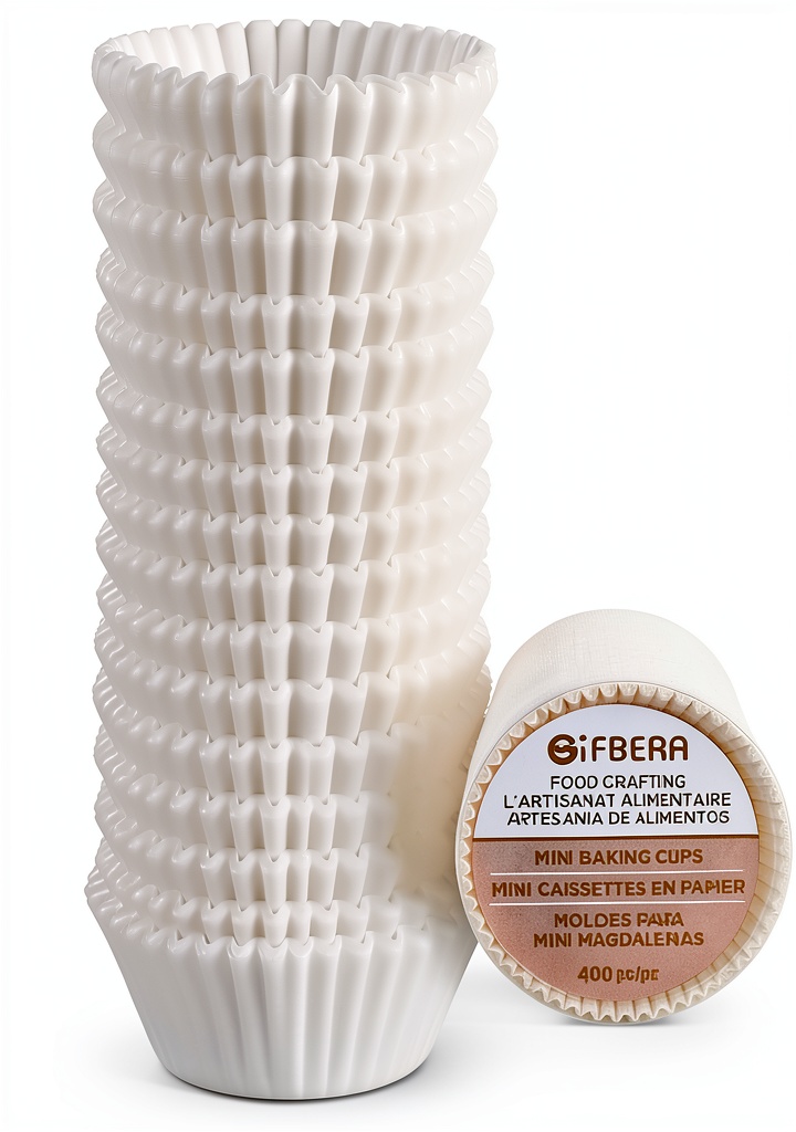 Gifbera Mini Baking Cups White Paper Greaseproof Disposable arranged in muffin pan with batter
