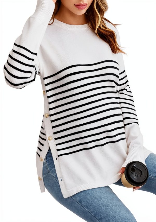 Women's Striped Button Crew Neck Maternity Sweater - Soft Stretch Fit-1