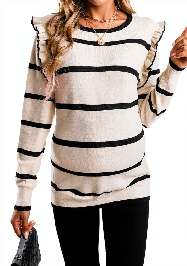 Women's Maternity Sweater Striped Ruffle Long Sleeve Dusty Blue-2