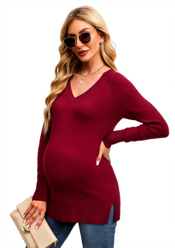 OUGES Women's Sweaters Split Side V Neck Maternity Knit Pullover-3