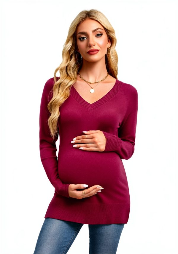 OUGES Women's Sweaters Split Side V Neck Maternity Knit Pullover-1