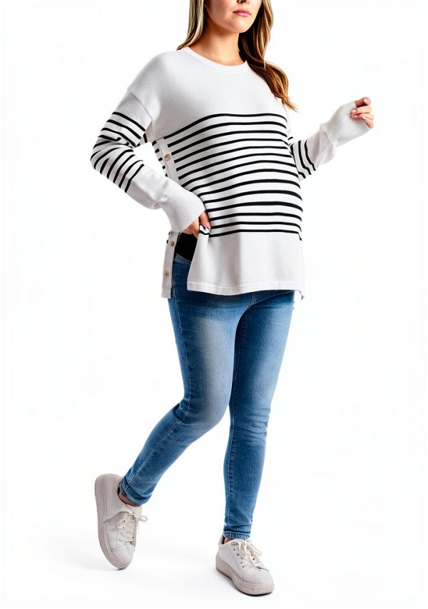 Women's Striped Button Crew Neck Maternity Sweater - Soft Stretch Fit-4