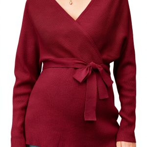 OUGES Womens Maternity Sweater Wrap V Neck with Adjustable Belt-0