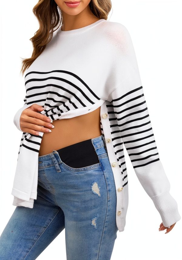 Women's Striped Button Crew Neck Maternity Sweater - Soft Stretch Fit-2