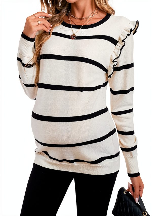 Women's Maternity Sweater Striped Ruffle Long Sleeve Dusty Blue-4