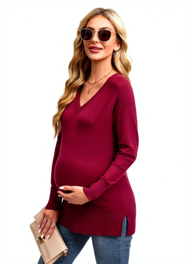OUGES Women's Sweaters Split Side V Neck Maternity Knit Pullover-2