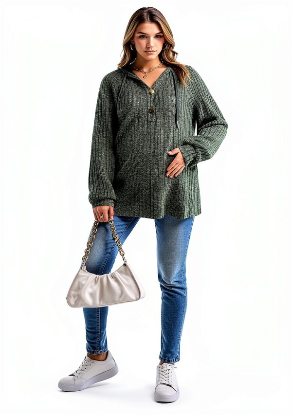 Women's Maternity Half Button Sweatshirts Long Sleeve Ribbed Knit Drawstring Hoodie-4