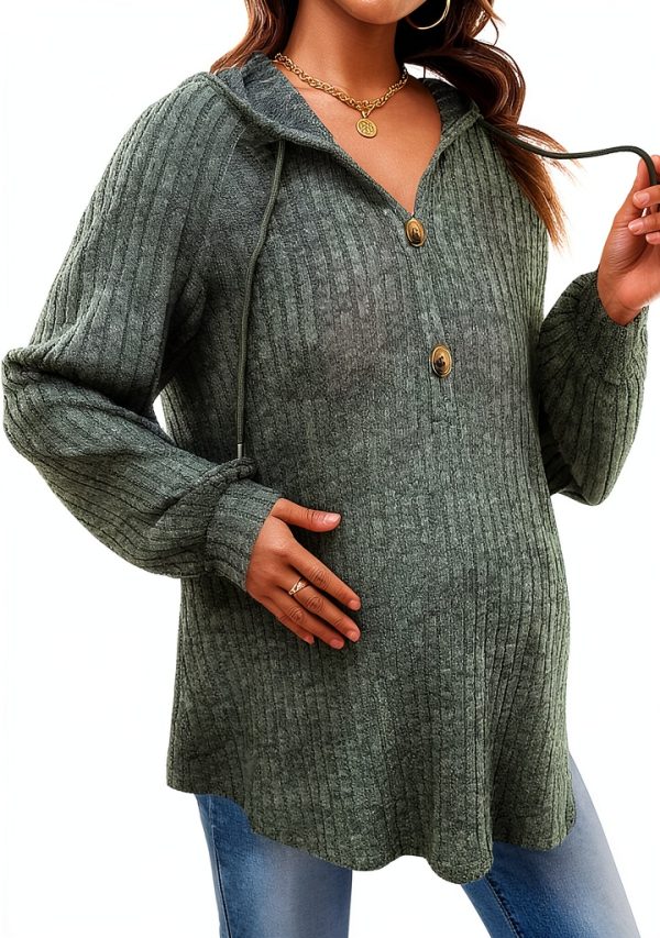 Women's Maternity Half Button Sweatshirts Long Sleeve Ribbed Knit Drawstring Hoodie-3