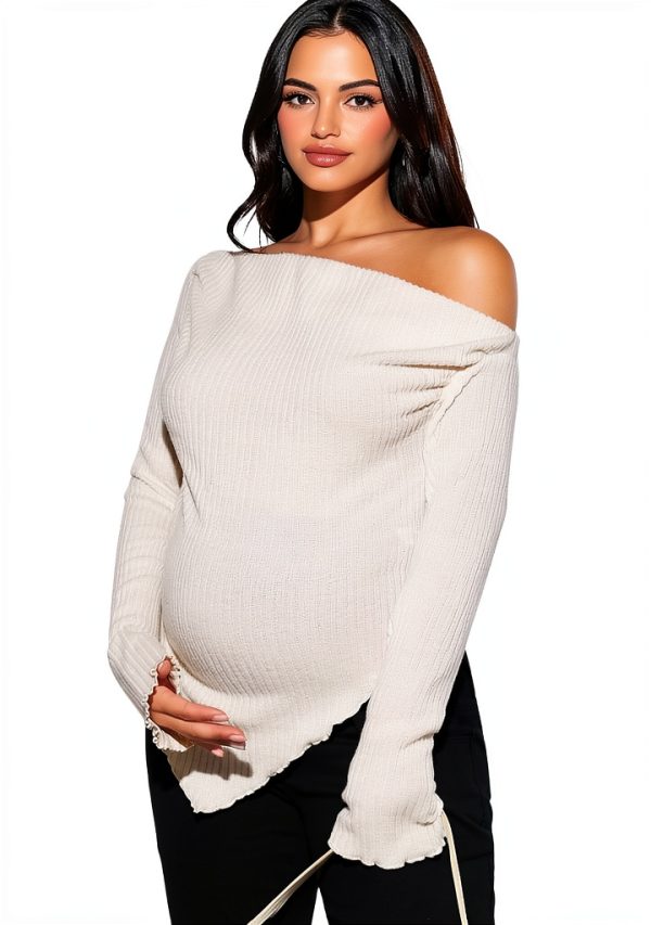 MakeMeChic Women's Maternity Off Shoulder Sweater Apricot-2