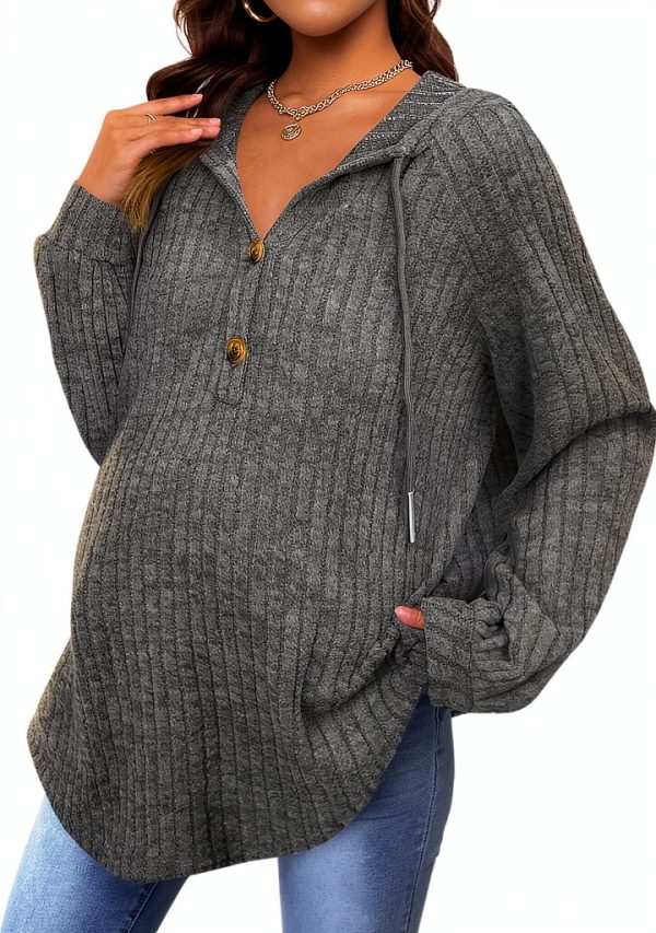 Women's Maternity Half Button Sweatshirts Long Sleeve Ribbed Knit Drawstring Hoodie-2