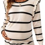 Women's Maternity Sweater Striped Ruffle Long Sleeve Dusty Blue-0