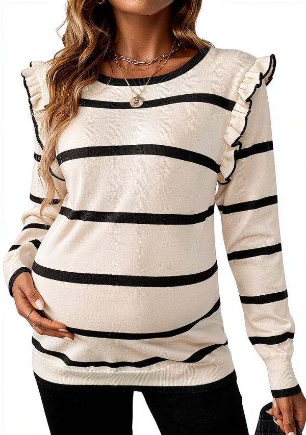 Women's Maternity Sweater Striped Ruffle Long Sleeve Dusty Blue-0