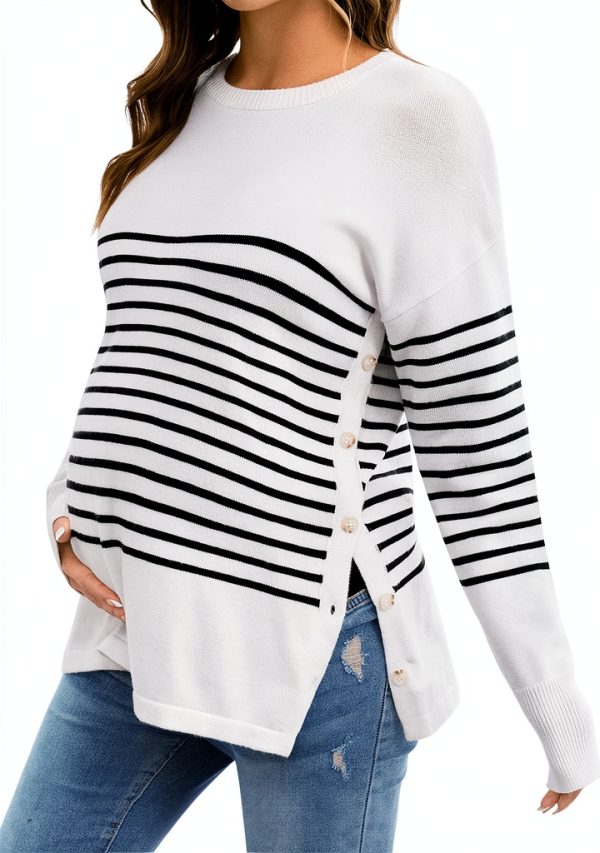 Women's Striped Button Crew Neck Maternity Sweater - Soft Stretch Fit-0