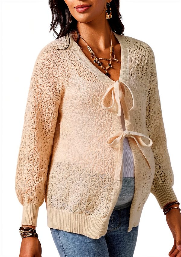 MakeMeChic Women's Maternity Crochet Cardigan Sweater Khaki Large-5