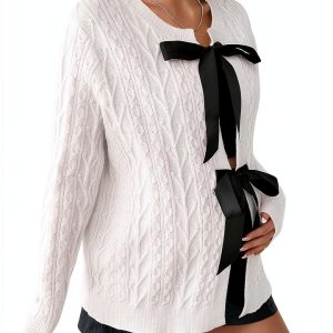 MakeMeChic Women's Maternity Sweater Bow Knot Cardigan in White-0