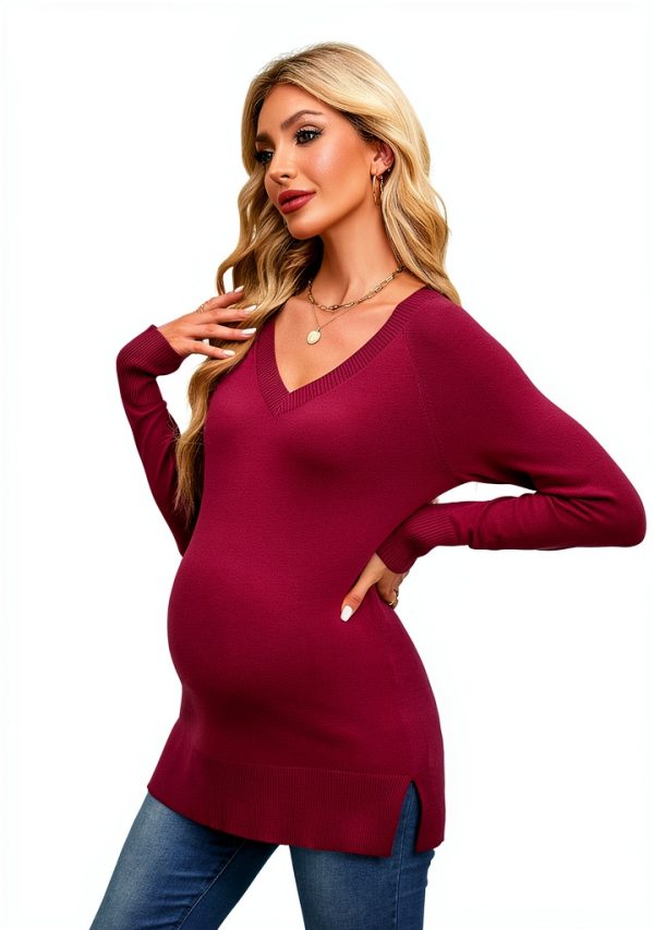OUGES Women's Sweaters Split Side V Neck Maternity Knit Pullover-4