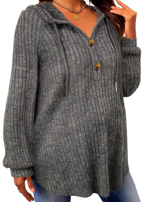 Women's Maternity Half Button Sweatshirts Long Sleeve Ribbed Knit Drawstring Hoodie-0