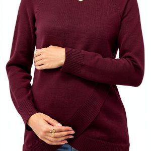 Women's Wool Blend Maternity Sweater by OUGES Crossover Ribbed Hem-0