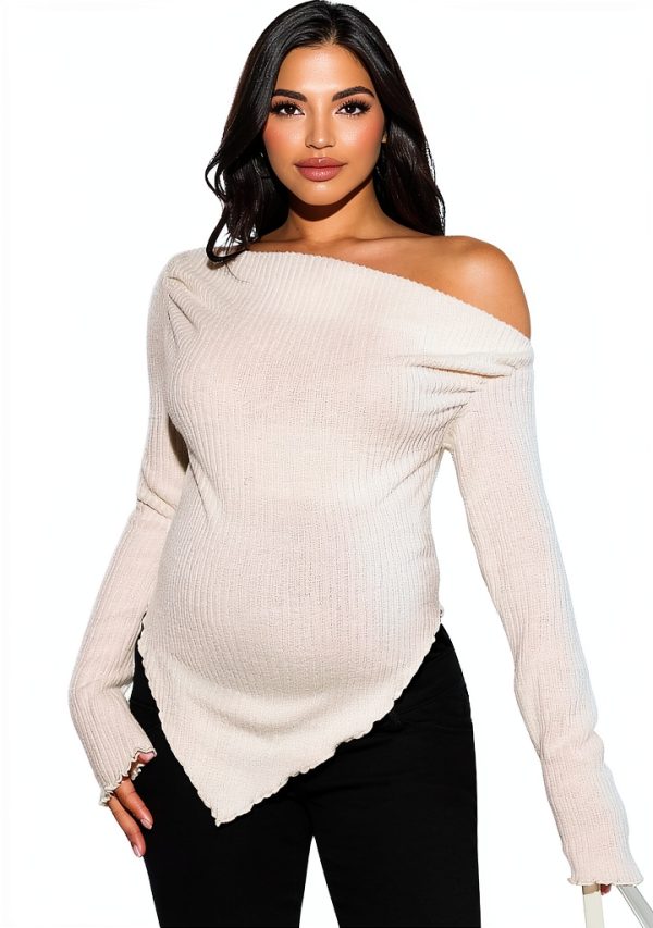 MakeMeChic Women's Maternity Off Shoulder Sweater Apricot-4