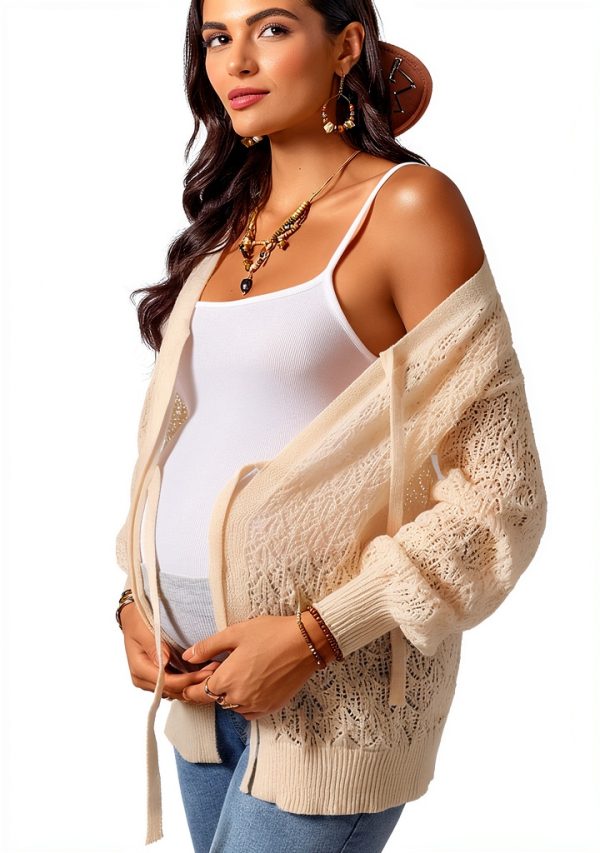 MakeMeChic Women's Maternity Crochet Cardigan Sweater Khaki Large-3